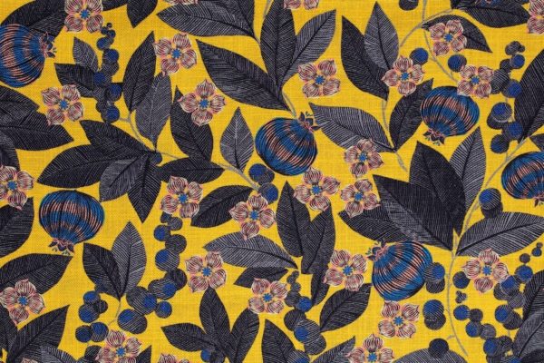 tissu lin imprimé fruit du paradis jaune
